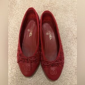 CHANEL Red Textured Ballet Flats